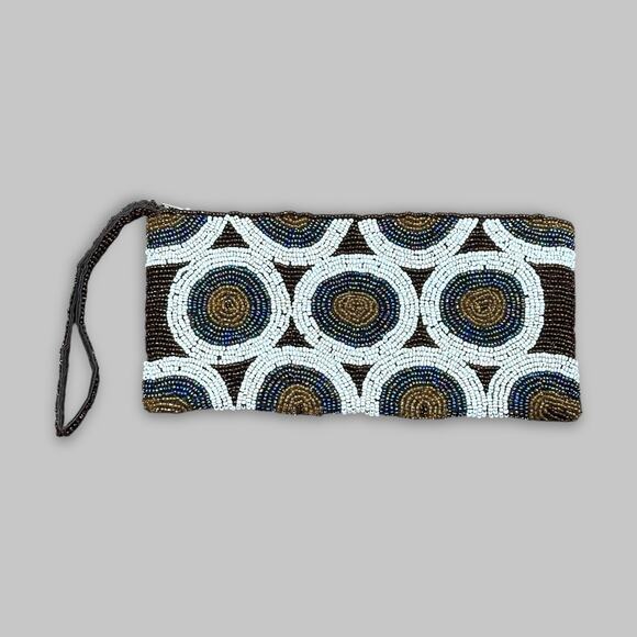 Unbranded Handbags - Vintage Beaded Circle Pattern Wristlet Clutch – Brown, White, Gold, Blue